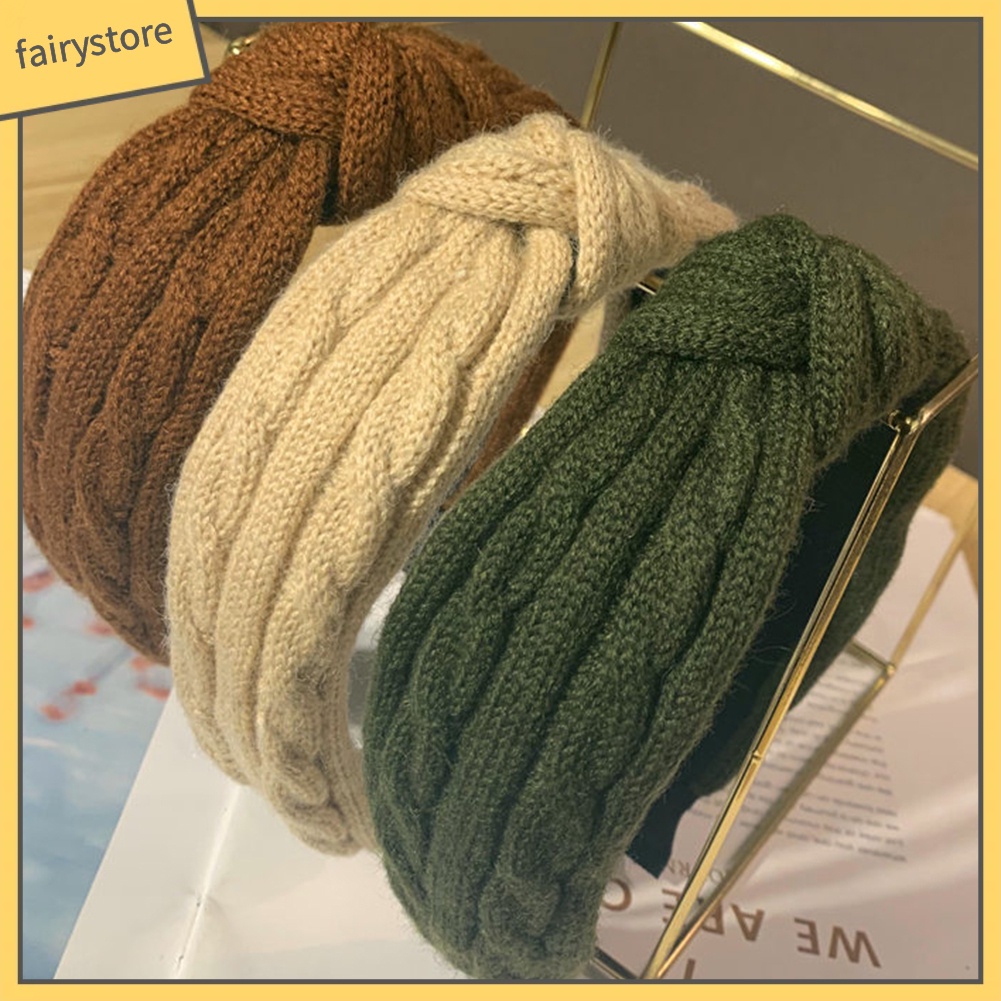 Băng Đô Cài Tóc Dệt Kim Thắt Nút Màu Trơn Thời Trang Thu Đông Cho Nữ