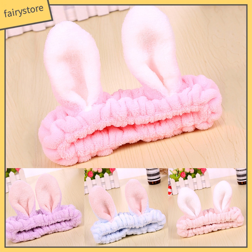 Băng Đô Tai Thỏ Bằng Vải Flannel Co Giãn Dễ Thương Dành Cho Nữ Rửa Mặt