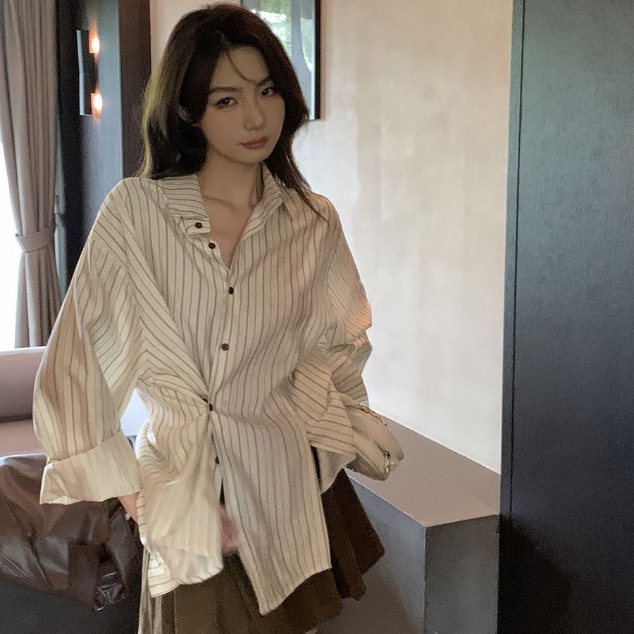 Áo Sơ Mi Dài Tay Hoa Văn Kẻ Sọc Thời Trang Mùa Xuân Hè Hàn Quốc Dành Cho Nữ
