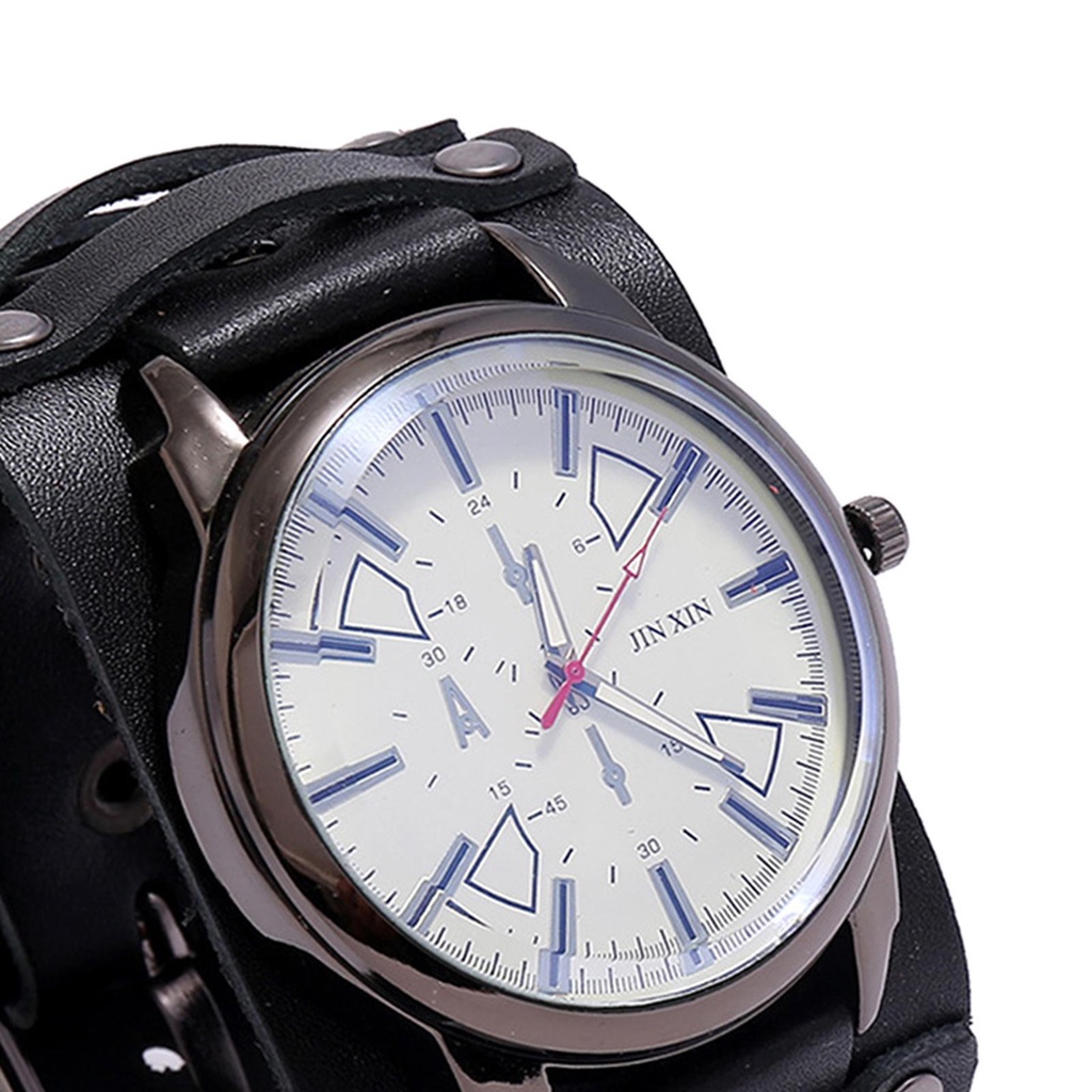 (runbu) Đồng Hồ Đeo Tay Dây Da Bản Rộng Phong Cách Punk Retro Có Thể Điều Chỉnh