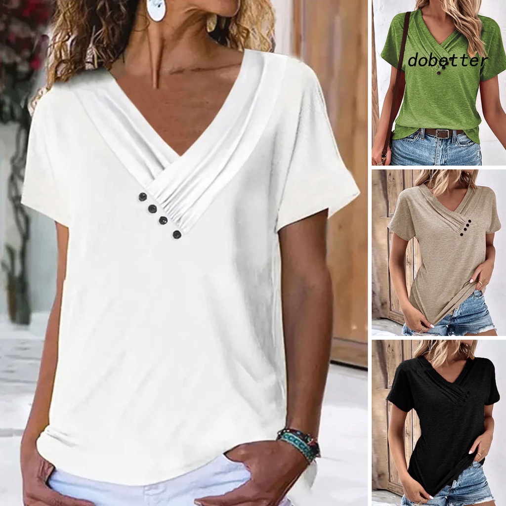[DO] Áo Thun Tay Ngắn Cổ Chữ V Màu Trơn Mềm Mại Thoáng Khí Có Nút Trang Trí Đơn Giản Dành Cho Nữ Mùa Hè