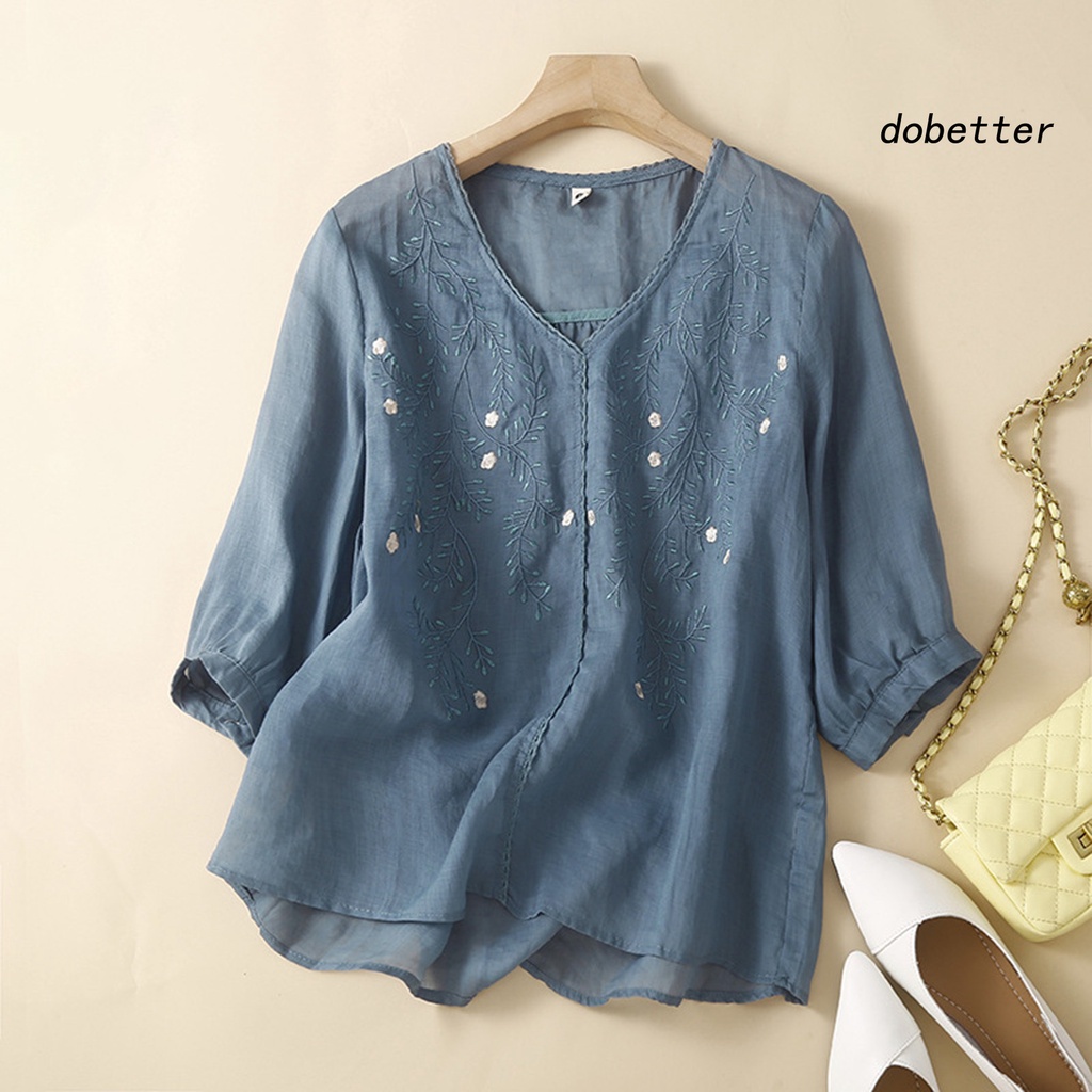 Áo Thun Nữ Tay Lửng Cổ Chữ V Màu Trơn Thêu Hoa Thời Trang