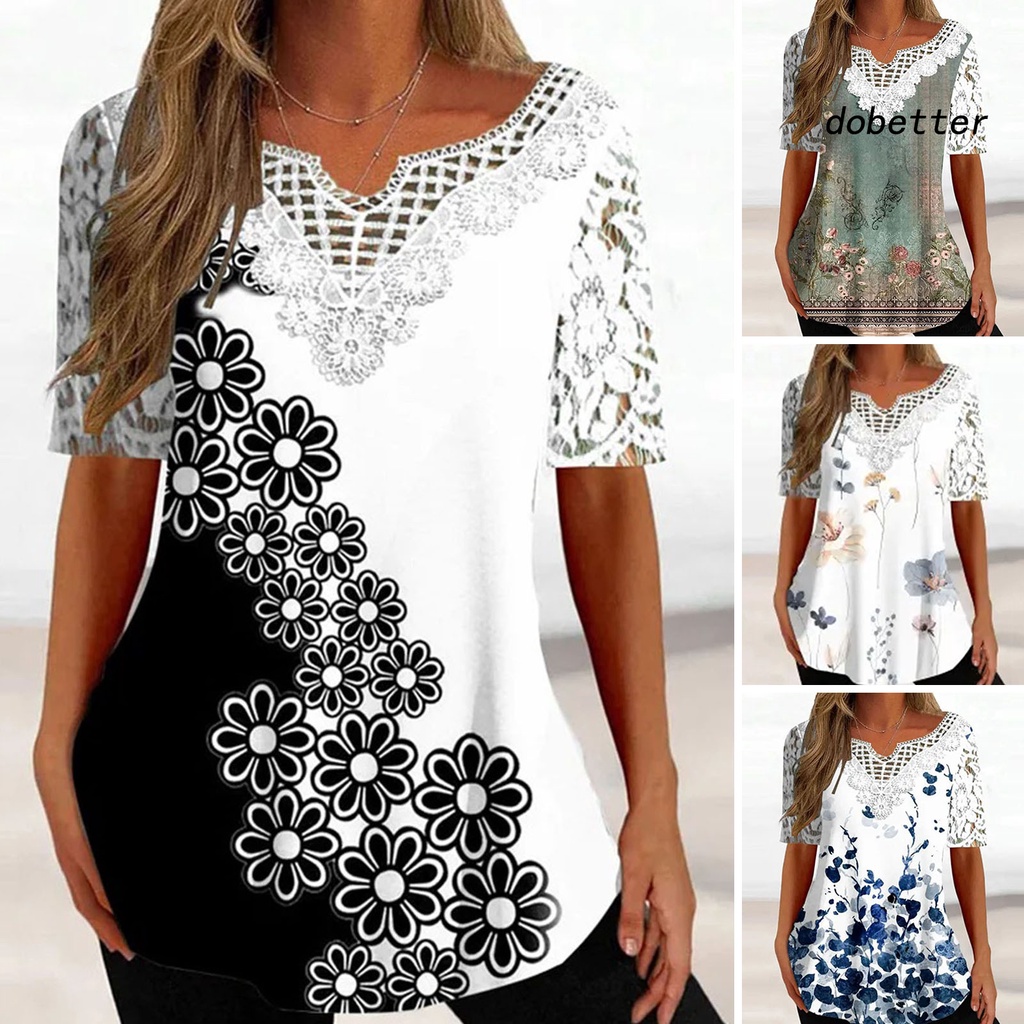 Áo Thun Tay Ngắn Cổ Chữ V Phối Ren Hoa Mỏng Dáng Rộng Co Giãn Thời Trang Đường Phố Cho Nữ