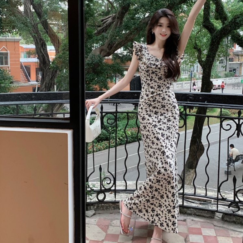 Cozok Đầm Dài Vừa Eo Cao Ôm Dáng Phối Bèo In Họa Tiết Hoa Gợi Cảm Thời Trang
