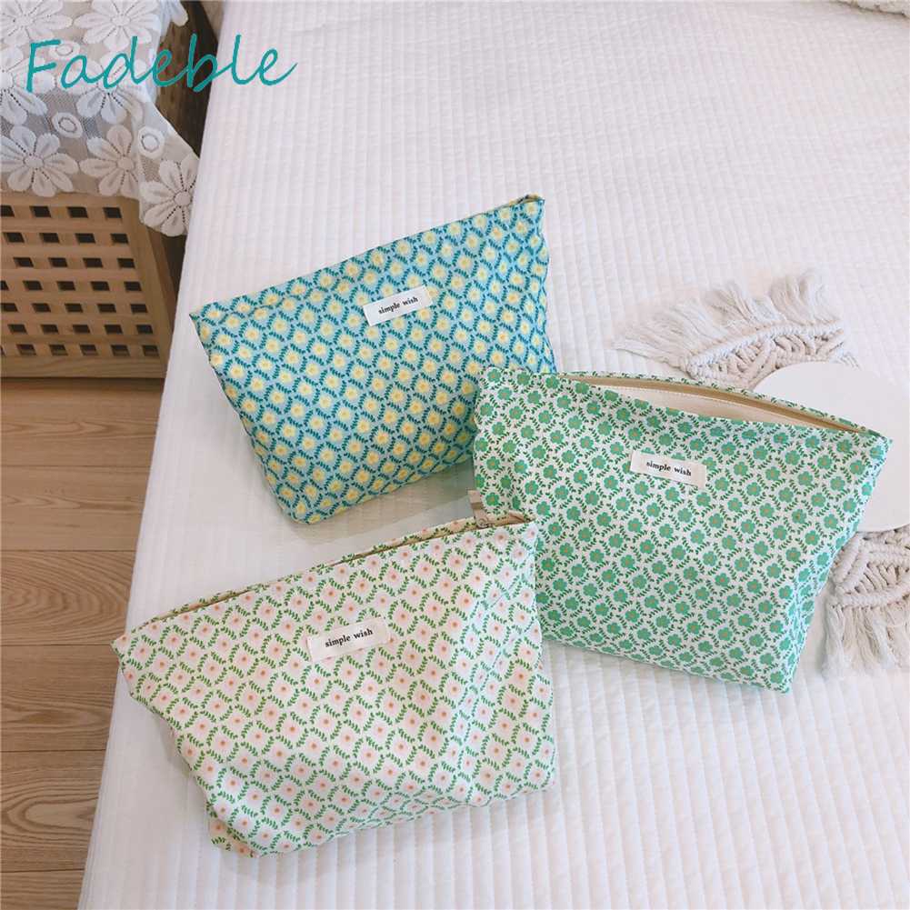 Túi Đựng Mỹ Phẩm Chất Liệu Cotton Sức Chứa Lớn Họa Tiết Hoa Xinh Xắn Tiện Dụng
