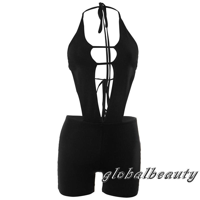 Áo Liền Quần Ngắn Không Tay Cổ Yếm Màu Trơn Thời Trang Mùa Hè Cho Nữ