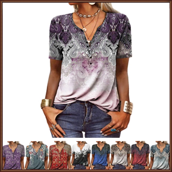 Áo Sơ Mi Mùa Hè Tay Cộc Cổ Chữ V In Họa Tiết Dân Tộc Cổ Điển Khô Nhanh Cho Nữ