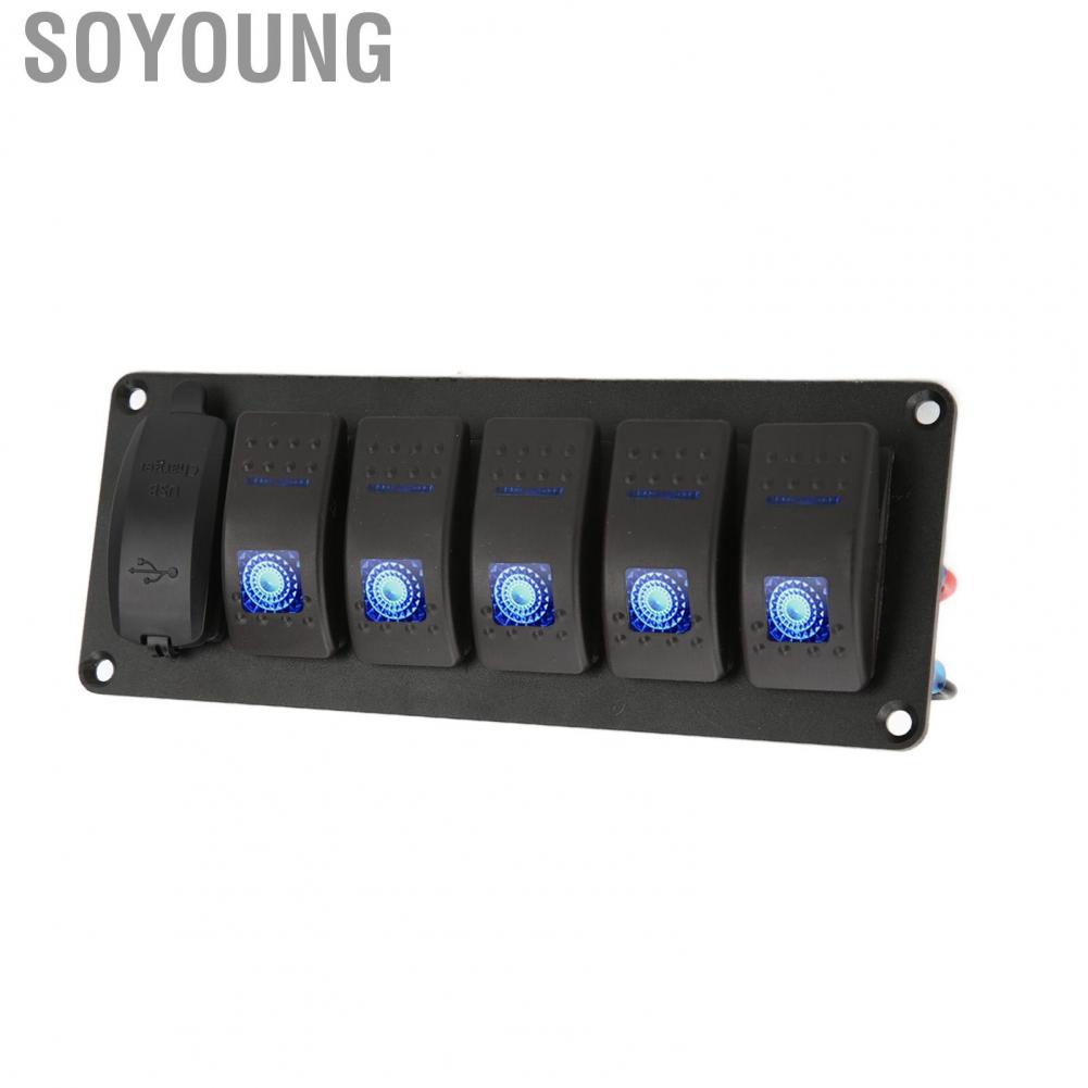 Soyoung 12V-24V 5 Gang Rocker Switch Panel with Dual USB 5V3.4A Blue Backlight  for Marine Boat Car Truck