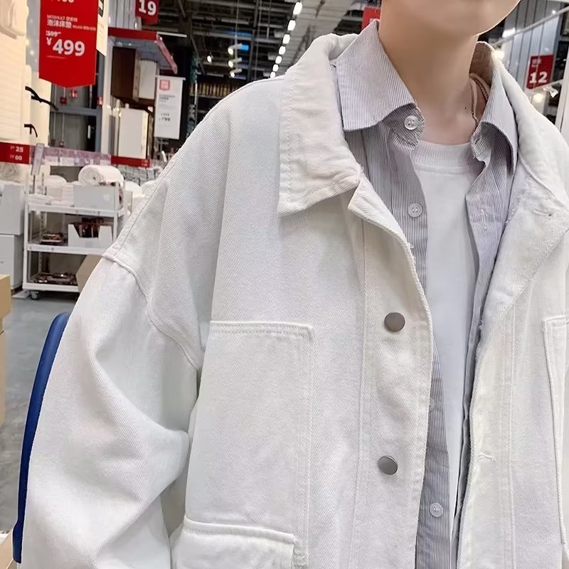 Áo Khoác Denim Màu Đen Dáng Rộng Phong Cách Retro Nhật Hàn Thời Trang Xuân Thu Cho Nam Giới