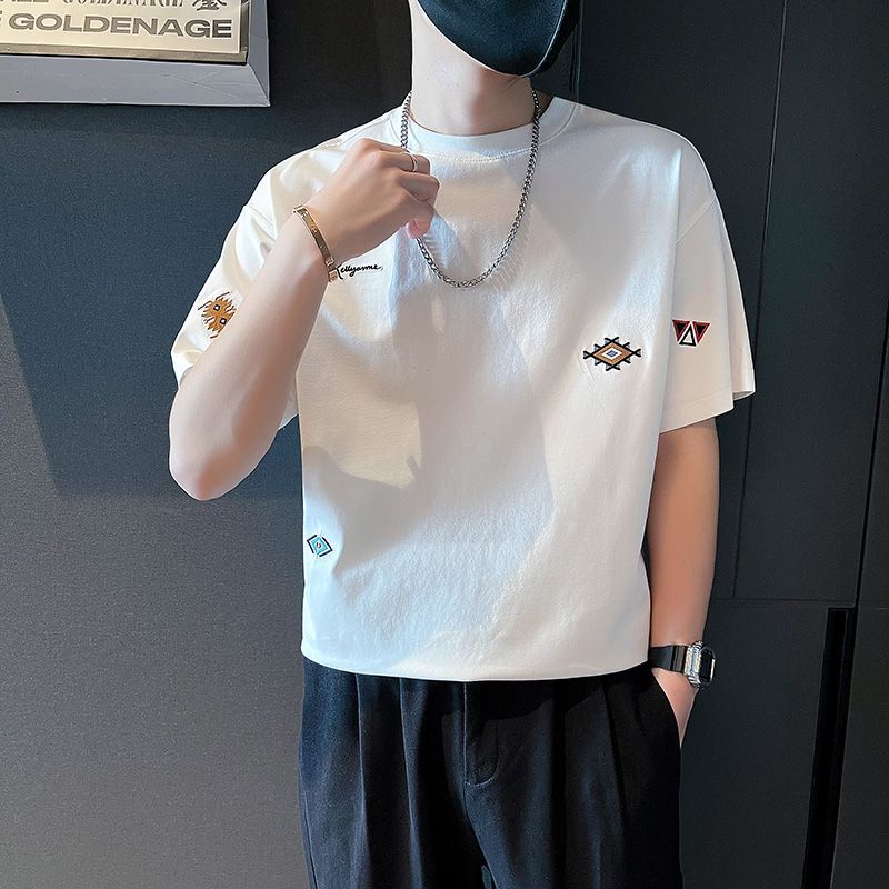 Áo Thun Tay Ngắn Màu Trắng Thêu Họa Tiết Thời Trang Mùa Hè 2023 Cho Nam