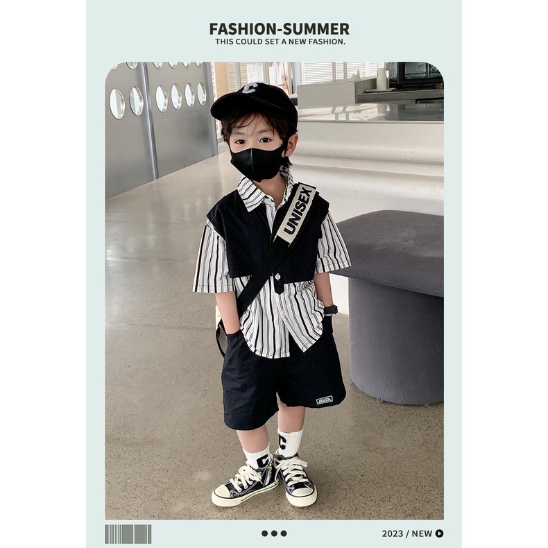 Bộ Áo Sơ Mi + Quần Thời Trang Mùa Hè Phong Cách Hàn Quốc Cho Bé Trai