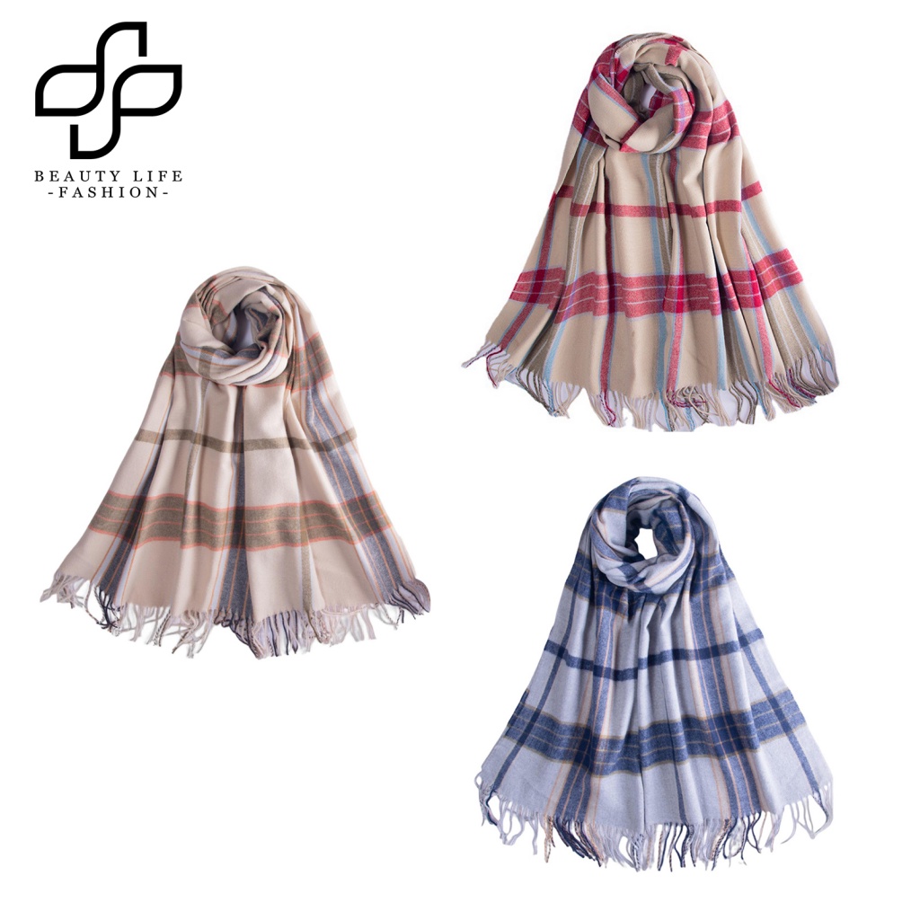 Khăn Choàng Cổ Dày Dặn Mềm Mại Co Giãn Phối Tua Rua In Họa Tiết Kẻ Sọc Màu Tương Phản Thời Trang Mùa Đông Cho Nữ