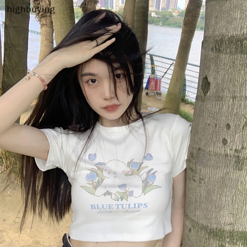 Áo Thun Lửng Tay Ngắn Cổ Tròn In Hình Cừu Hoạt Hình Phong Cách Retro Mỹ Cho Nữ