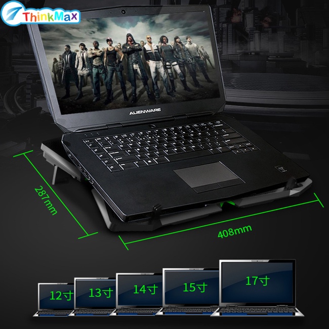 Thinkmax Đế Quạt Tản Nhiệt 5 Quạt Cho Laptop 12 "- 17" Cổng USB Kép Có Đèn LED Chiều Cao 1400 RPM