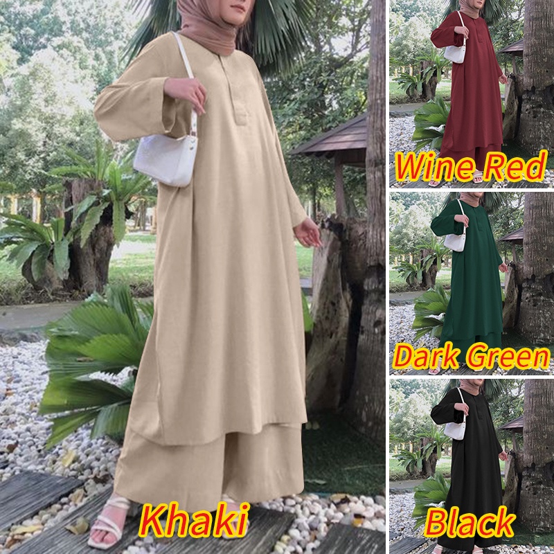 Zanzea Set Áo Thun Dài Tay Cổ Tròn + Quần Dài Lưng Thun Màu Trơn Cho Phụ Nữ Hồi Giáo