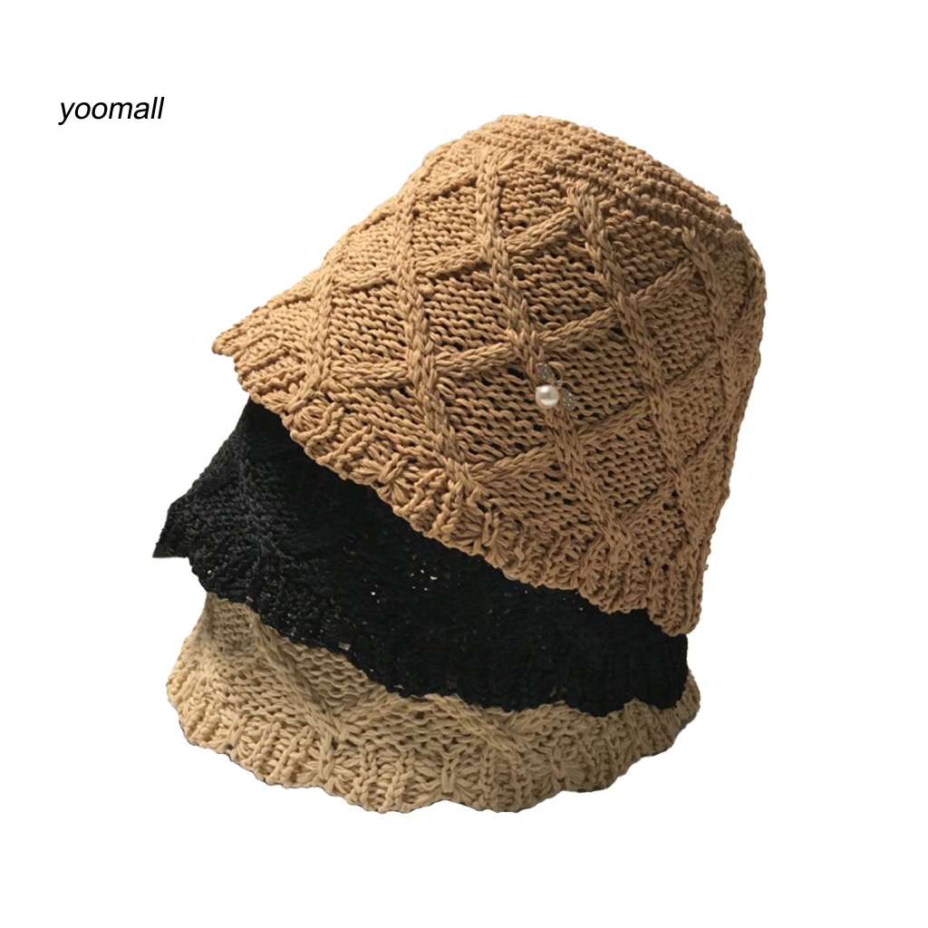 Mũ Bucket Màu Trơn Đính Ngọc Trai Giả Vành Ngắn Thời Trang Mùa Hè Cho Nữ