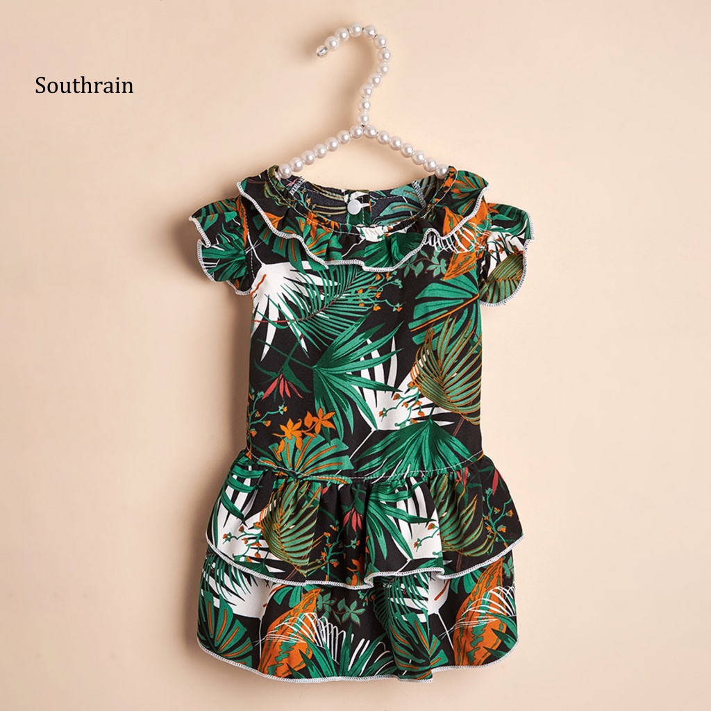 Đầm Hóa Trang Công Chúa Mùa Hè Xếp Ly Viền Nhấn In Họa Tiết Lá Cọ Có Khóa Bấm Cho Cún Cưng