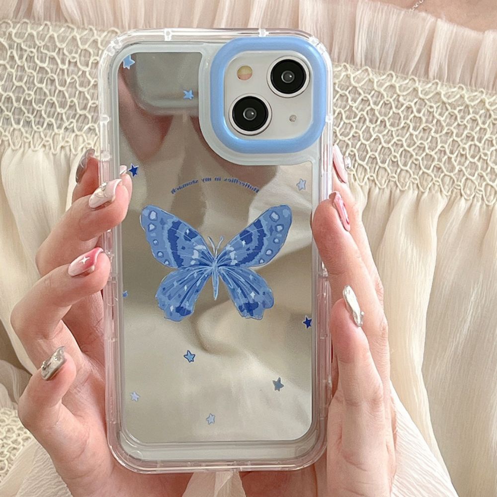 Ốp Điện Thoại TPU Mềm Tráng Gương Họa Tiết Bướm Xanh Dương Có Giá Đỡ Ẩn Cho IPhone 11 14 13 12 Pro Max