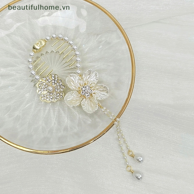 Kẹp Tóc Càng Cua Cố Định Tóc Đuôi Ngựa Đính Hoa Trà Và Ngọc Trai Xinh Xắn Cho Nữ [Beautyhome]