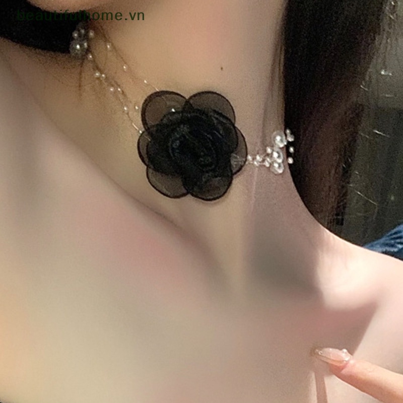 [beautifulhome] Vòng Cổ Choker Ngọc Trai Hoa Trắng Đen Lãng Mạn Mùa Hè Cho Nữ [beauty]