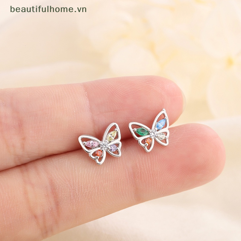Bông Tai Hình Bướm Rỗng Đính Đá Zircon Nhiều Màu Sắc Dễ Thương Cho Nữ
