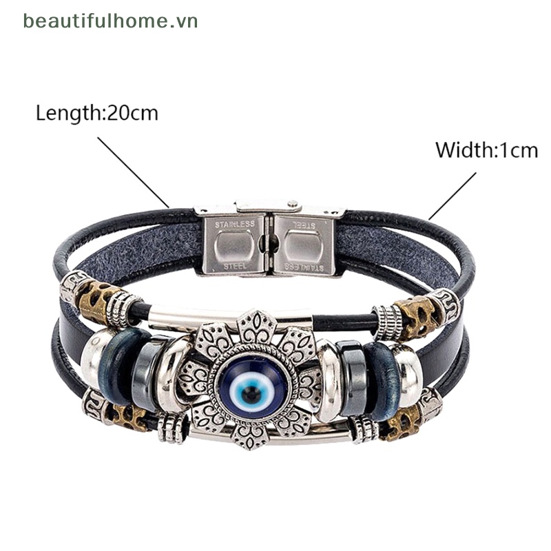 Vòng Tay Da Xỏ Hạt Nhiều Lớp Hình Mắt Quỷ May Mắn Phong Cách Punk Cho Nam Nữ