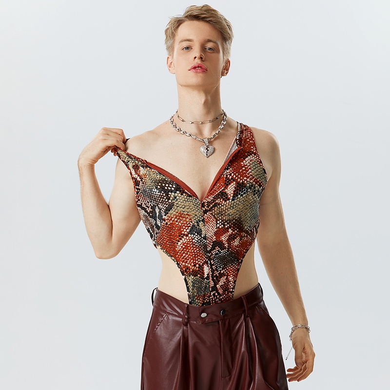 Incerun Bodysuit Tam Giác Không Tay Họa Tiết Ngựa Vằn