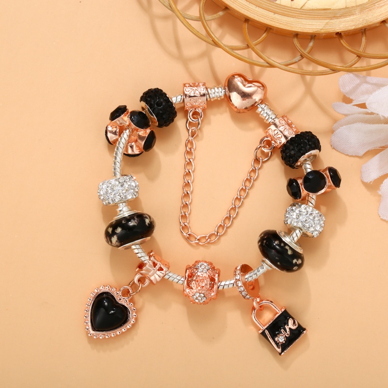 Vòng Tay Chuỗi Hạt Màu Vàng Hồng Mặt Hình Trái Tim Và Trái Tim Bằng Hợp Kim Màu Đen Thời Trang Cho