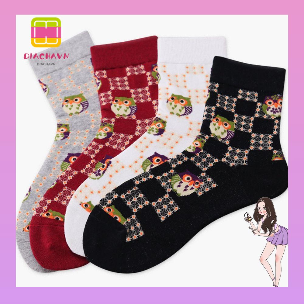 Vớ Cotton Giữ Ấm Họa Tiết Cú Mèo Vui Nhộn Thời Trang Mùa Đông