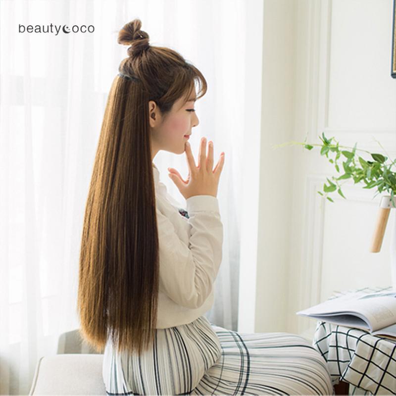 Beautycoco🍊Tóc giả dáng thẳng dài có 5 kẹp giữ màu đen/ nâu thời trang 60cm-hình thật