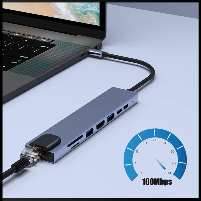 Bộ Chia Cổng Usb Type-c 8 Trong 1 Đa Năng Bằng Hợp Kim Nhôm Cho Notebook