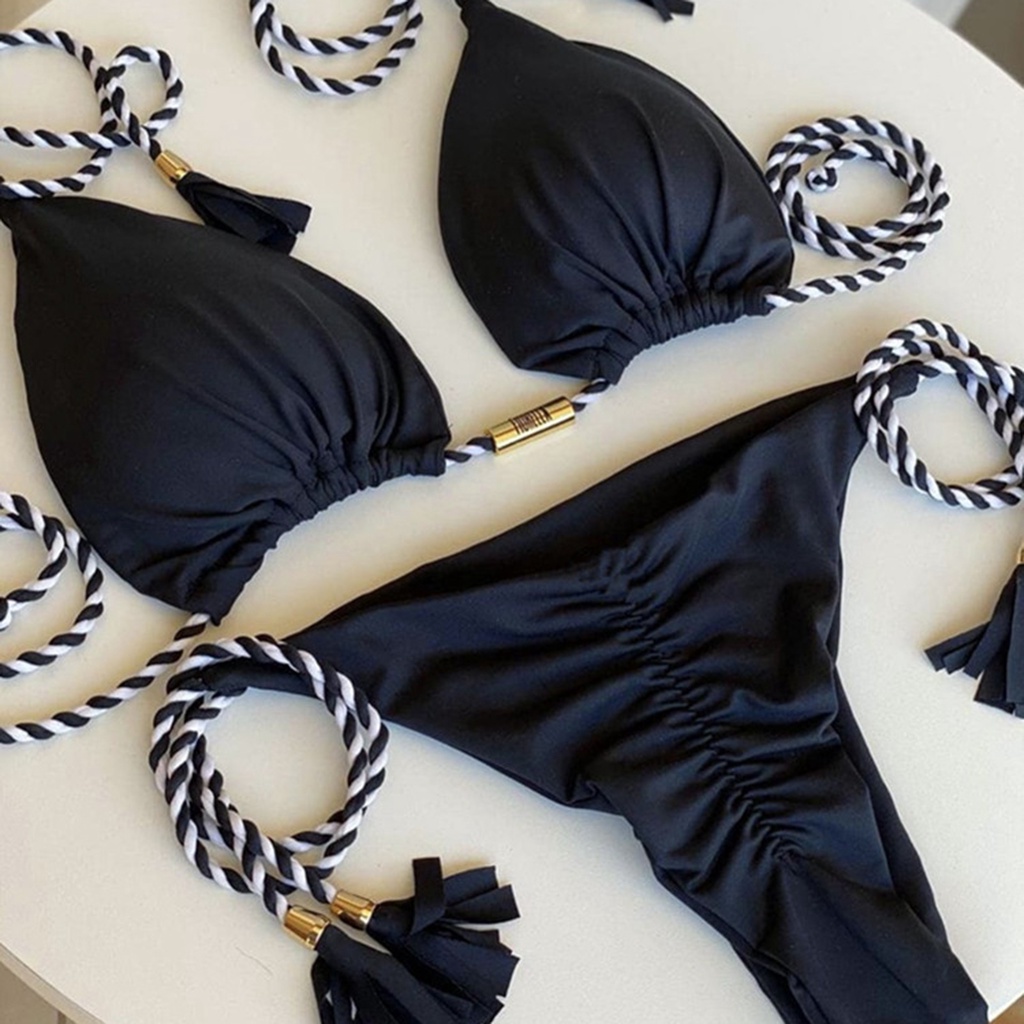 Goodlayy Bộ Bikini 2 Mảnh Dây Bện Đệm Tua Rua Hình Tam Giác Không Dây Thấp Cho Nữ