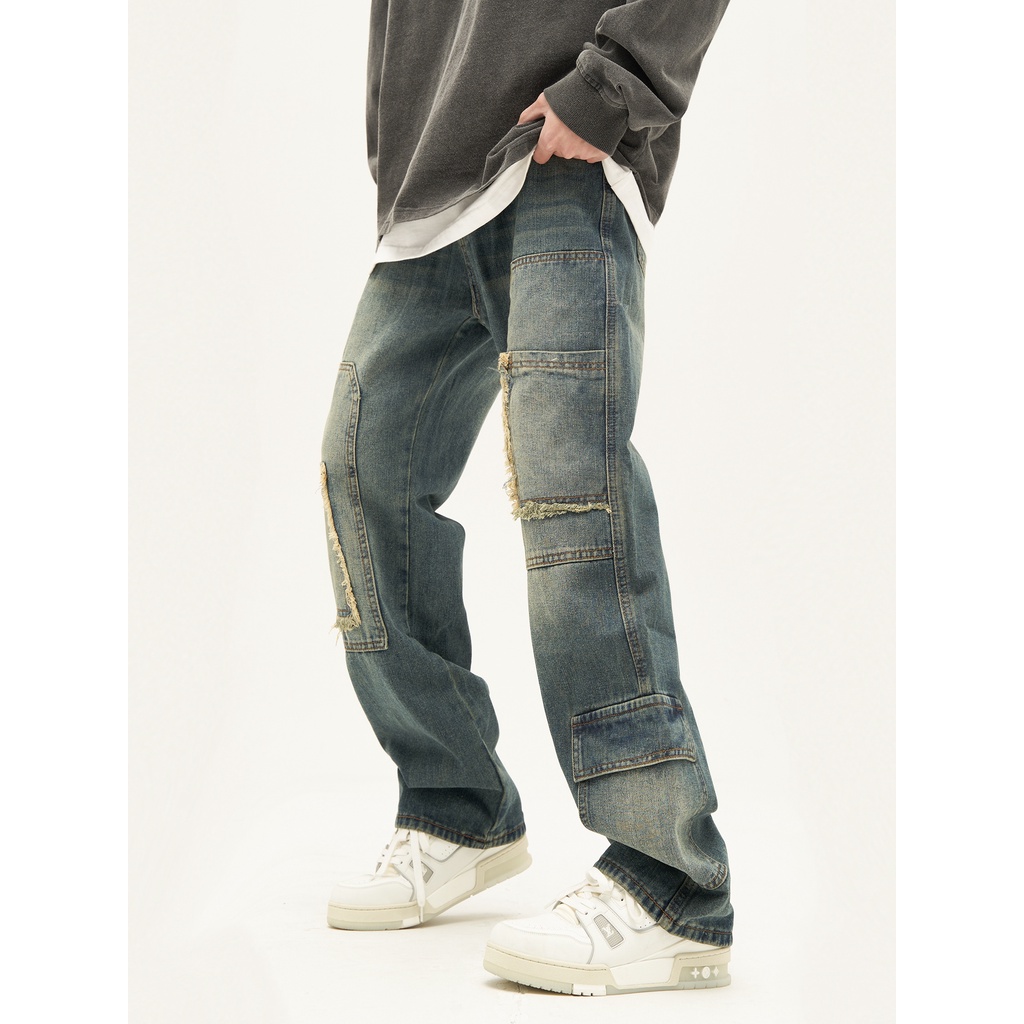 Quần Jean Dài Dáng Rộng Phối Nhiều Túi Phong Cách Retro