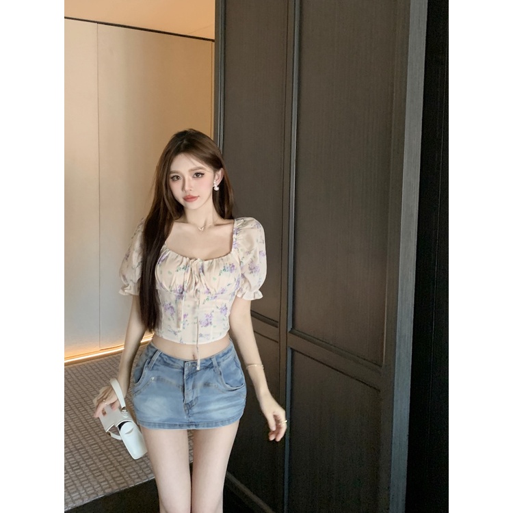 SUXI Áo Kiểu Tay Phồng Ôm Dáng Co Giãn In Họa Tiết Hoa Xinh Xắn Thời Trang Phong Cách Hàn Quốc