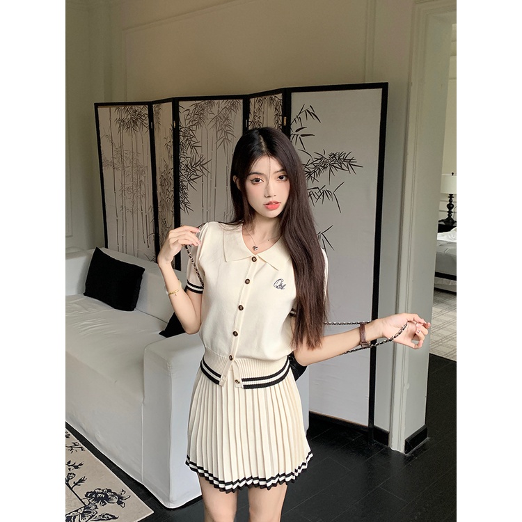 Set Áo Polo Dệt Kim + Chân Váy Ngắn Xếp Ly Phong Cách Mùa Hè Mới Cho Nữ