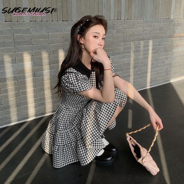 Sugemiusi Đầm Tay Phồng Ngắn Cổ Tròn Họa Tiết Kẻ Sọc Màu Trắng Đen Phong Cách Pháp Cổ Điển Thời Trang Mùa Hè Cho Nữ