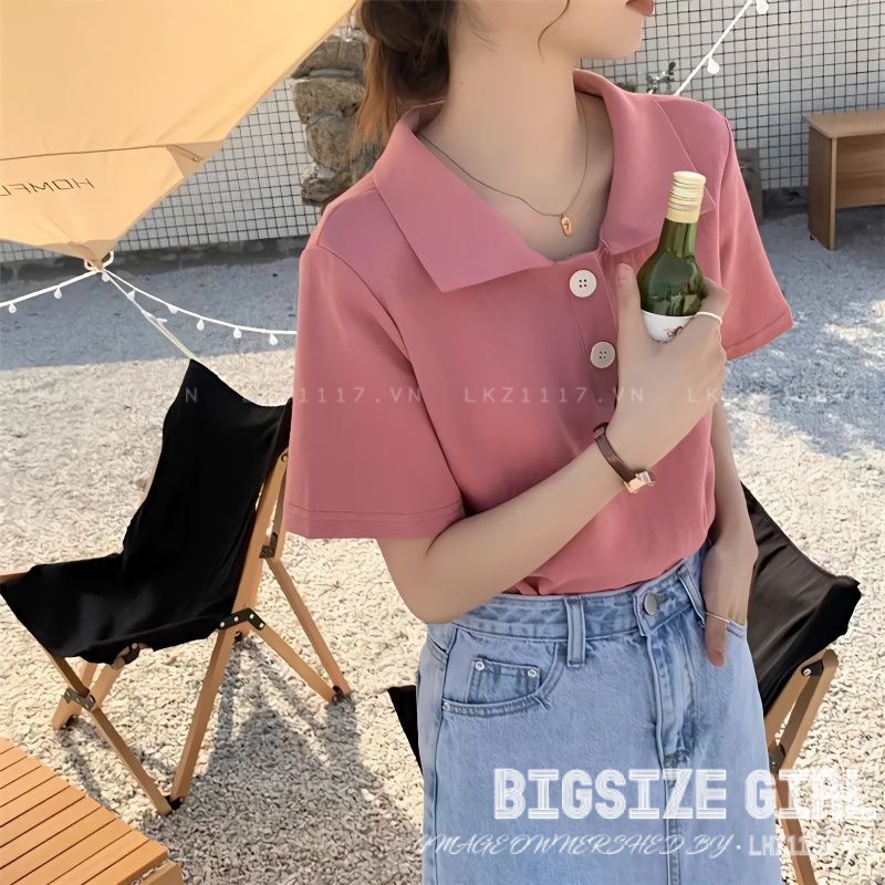 Áo thun nữ tay ngắn Bigsize Áo polo kiểu form rộng có cổ màu Hồng mùa hè Phong cách Hàn Quốc Thời Trang đẹp