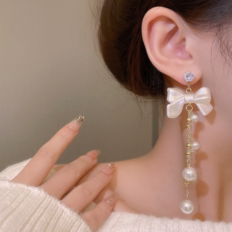 Đôi Bông Tai Dáng Dài Phối Nơ Đính Đá Thời Trang Cho Nữ