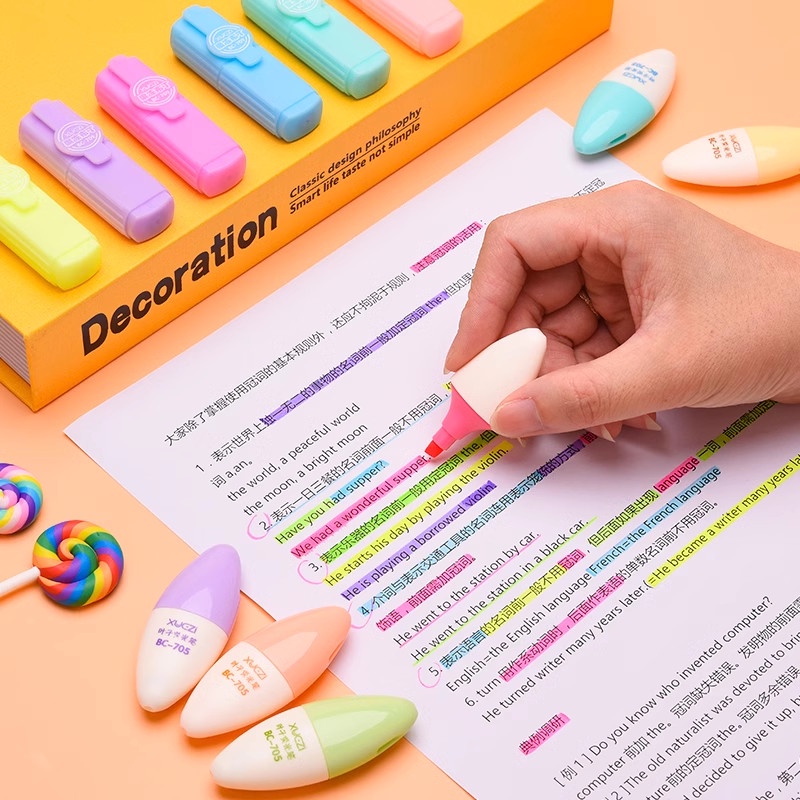 Set 6 bút dạ quang mini siêu đáng yêu [Có sẵn] Bút đánh dấu hoạt hình nhiều màu sắc