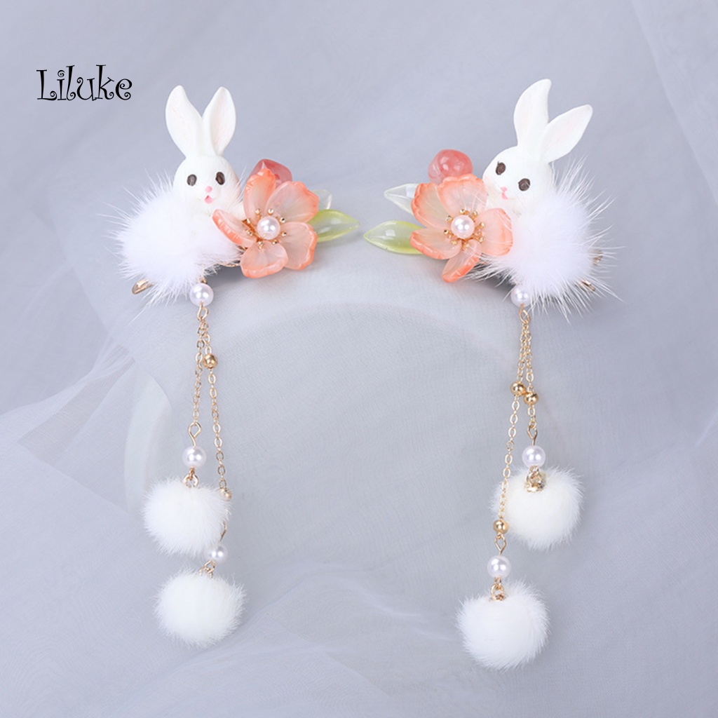 1 Cặp Trâm Cài Tóc Trang Trí Hoa Và Thỏ Tua Rua Xinh Xắn