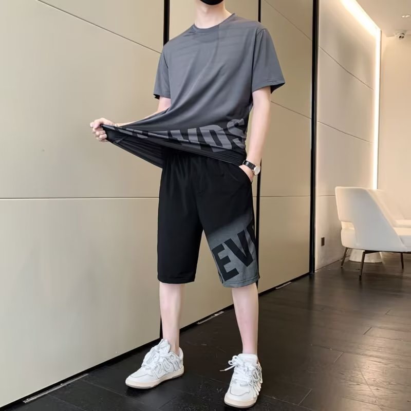Bộ đồ HANLU gồm áo thun và quần short thể thao thiết kế đơn giản thoáng khí năng động thời trang cho nam