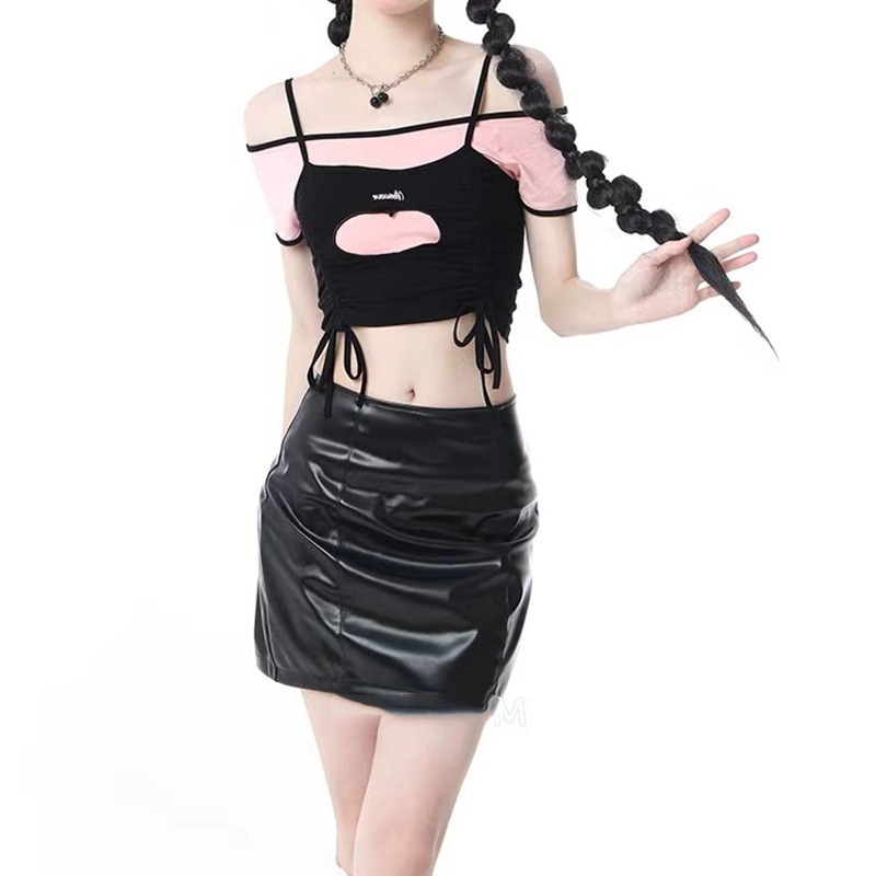 Áo Thun Tay Ngắn Giả Hai Lớp Màu Sắc Tương Phản Thời Trang Mùa Hè Cho Nữ