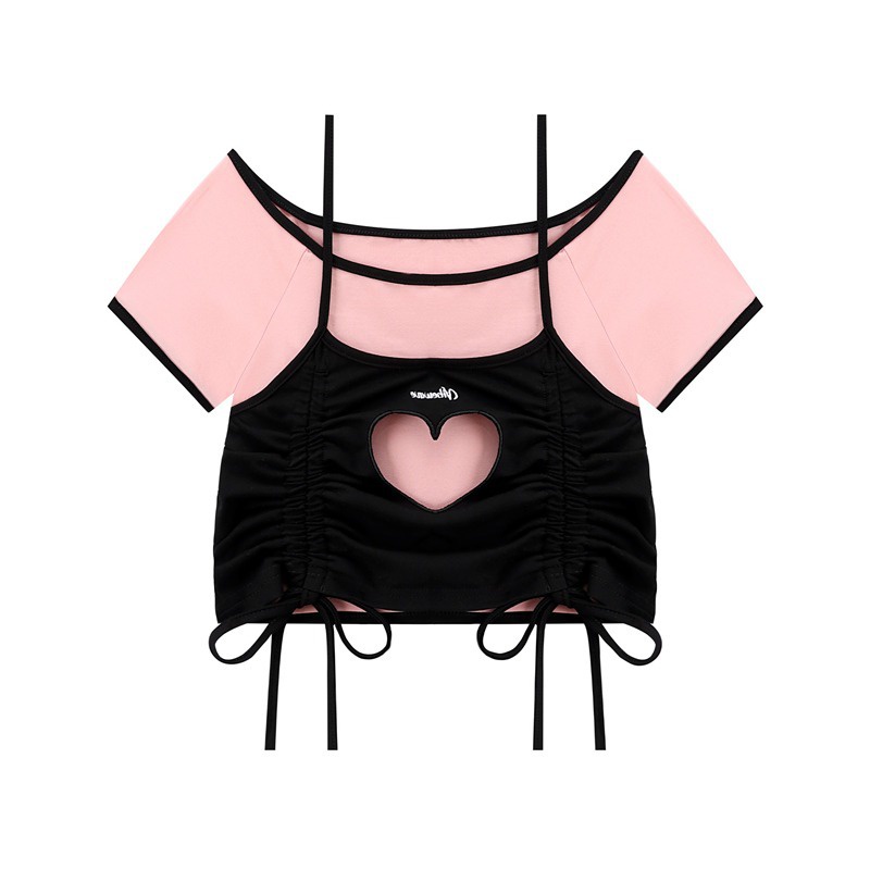 Áo Thun Tay Ngắn Giả Hai Lớp Màu Sắc Tương Phản Thời Trang Mùa Hè Cho Nữ