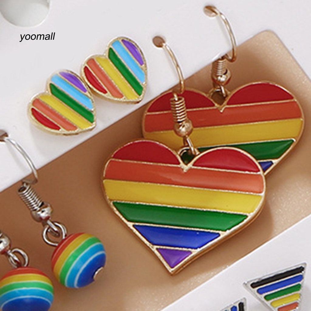 Set 6 Đôi Bông Tai Dáng Dài Bằng Hợp Kim Màu Sắc Cầu Vồng Thời Trang Cho Nam Và Nữ