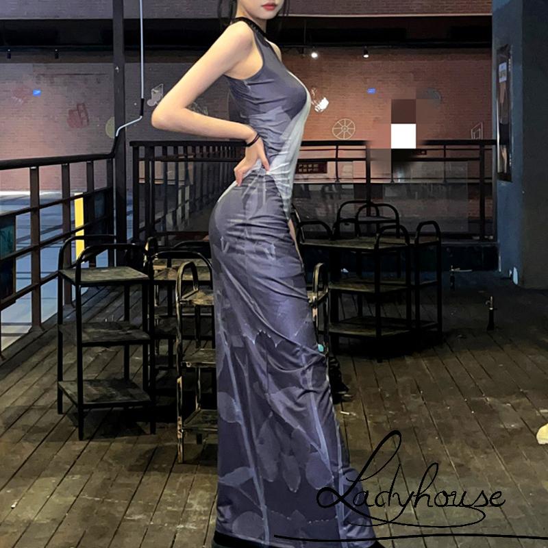 Đầm Dài Dáng Ôm Không Tay Cổ Tròn In Họa Tiết Hoa Hồng Cổ Điển Dành Cho Nữ