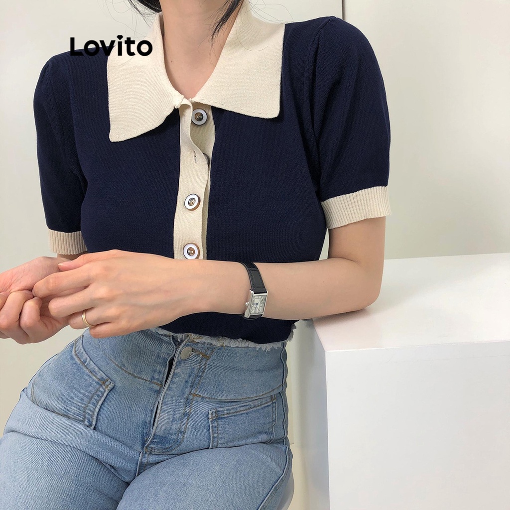 Áo dệt kim Lovito tay ngắn trơn phối nút cổ tương phản cho nữ LNA11001 (màu đen)