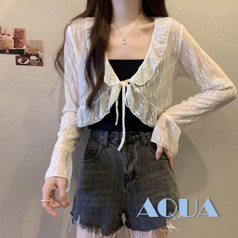 Áo Cardigan Ren Hoa Nhún Bèo Phía Trước Chống Bụi Bẩn Tay Dài Cho Nữ