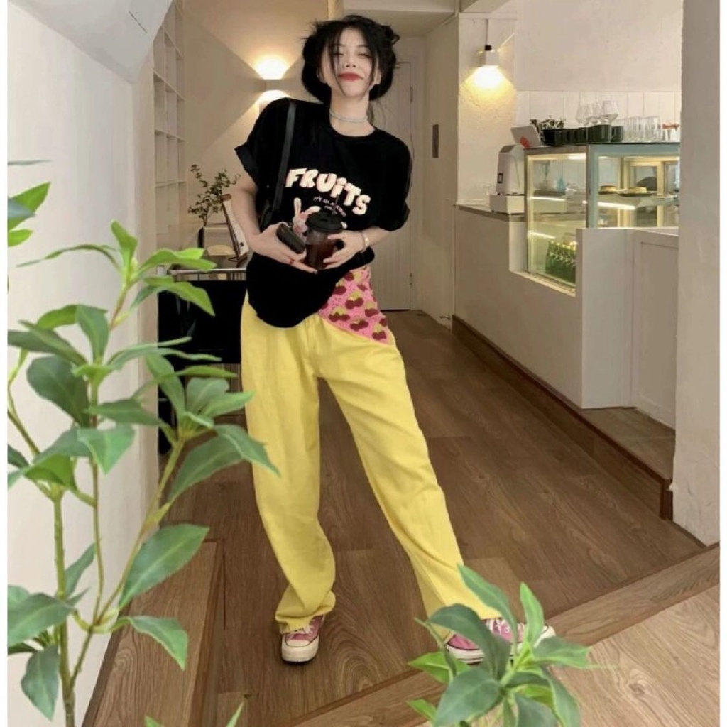 [F &amp; X] Quần Jean Ống Rộng Dáng Suông Lưng Cao Màu Vàng Phong Cách Preppy Nhật Bản Mùa Hè Đơn Giản Cho Nữ