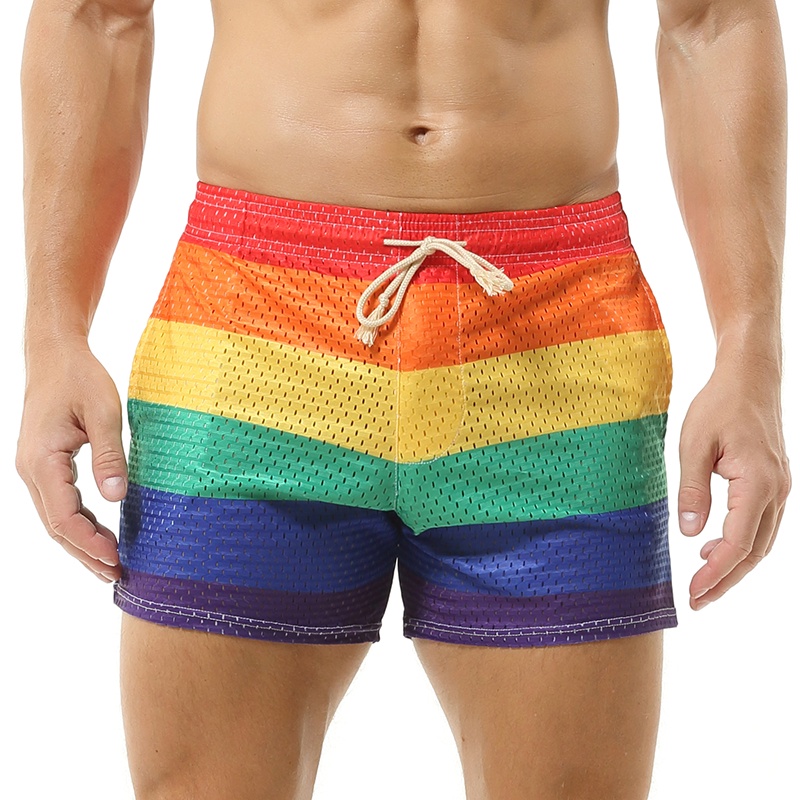 Quần Bơi Ngắn Thể Thao Thoáng Khí Mau Khô Có Túi Kẻ Sọc Cầu Vồng Cho Nam