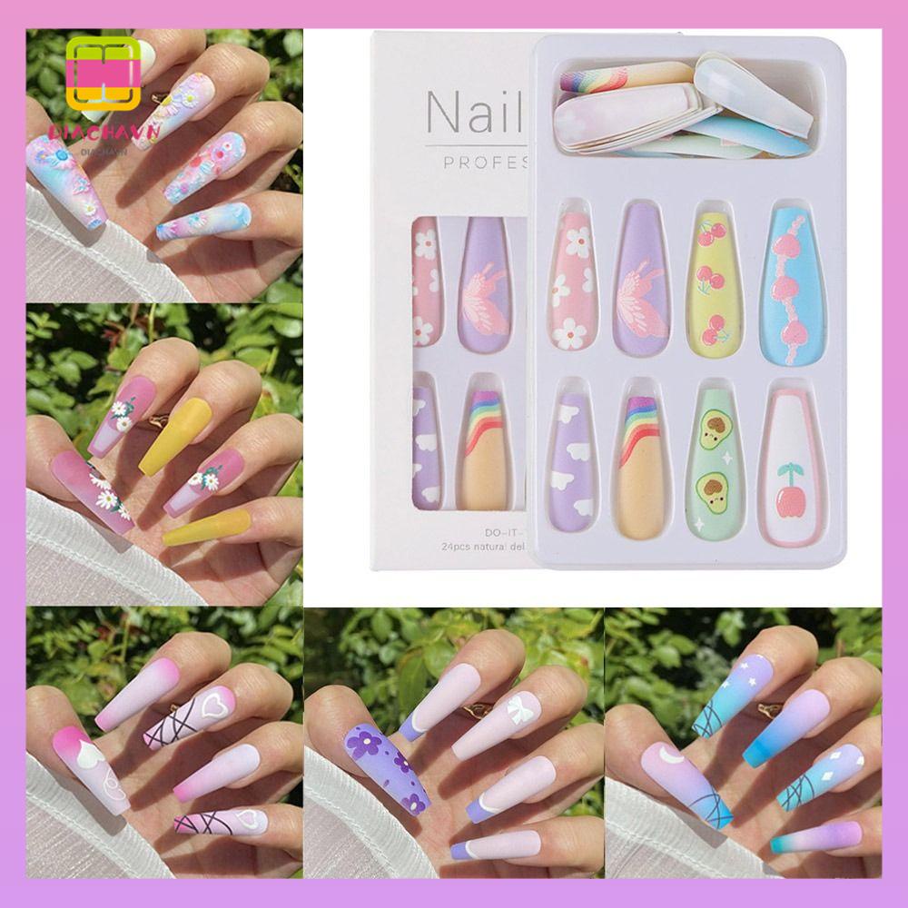 DIACHAVN Bộ 24 Móng Tay Giả Che Phủ Toàn Diện Họa Tiết Hoa Xinh Xắn
